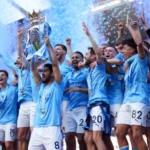 Manchester City lifting the 2023 EPL trophy