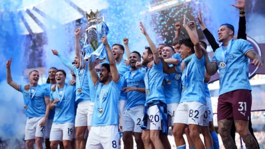 Manchester City lifting the 2023 EPL trophy