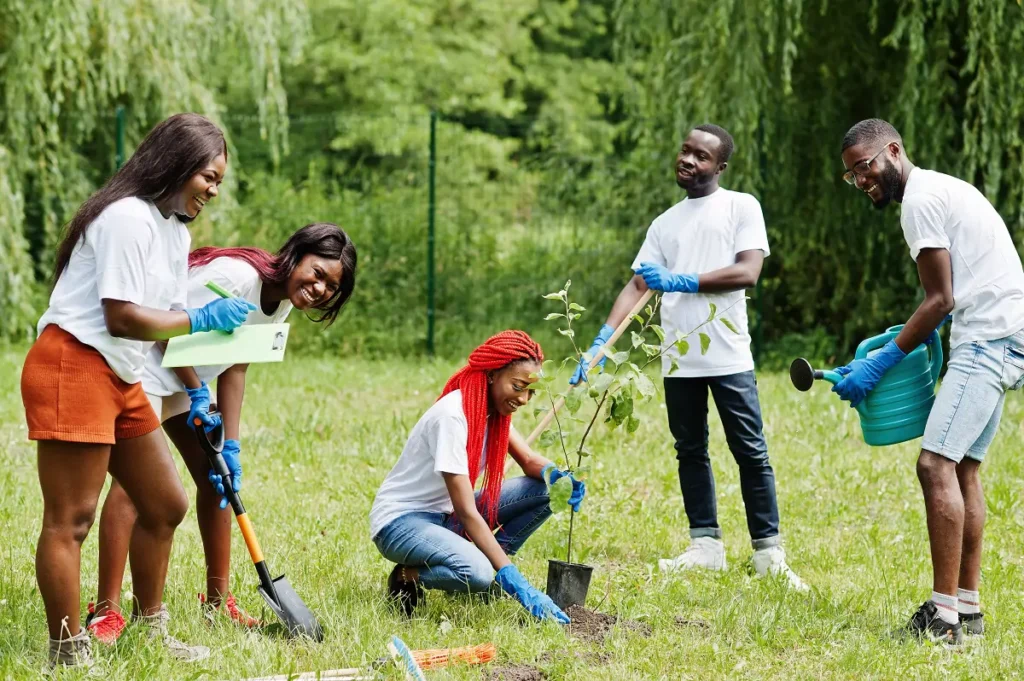 Group of Africans planting trees to help protect the ozone layer
